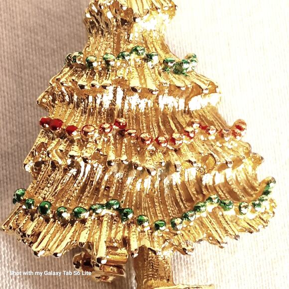 Christmas Tree Brooch Gold Tone Pines Red And Green Painted Lights - Picture 4 of 7
